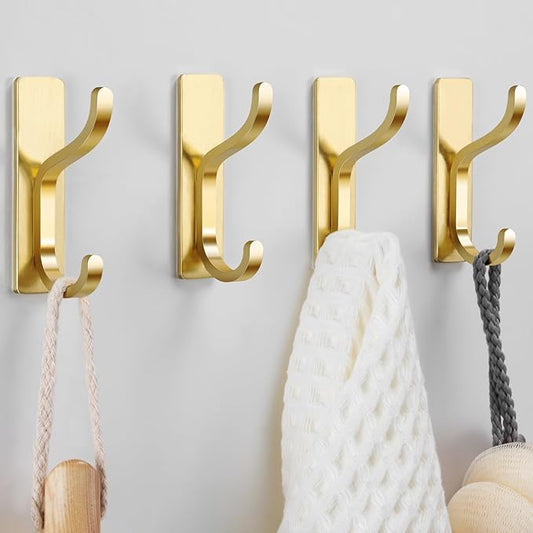 niffgaff Wall Hooks for Coat and Towel: 13lb Adhesive Door Hanger Stick On, Sticky Hook for Wall, Closet, Bathroom - Stainless Steel, Brushed Gold, 4 Pack