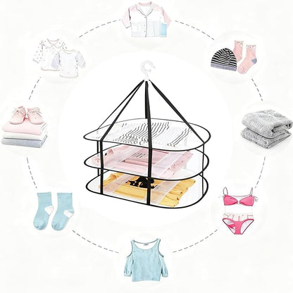 Fashion & Lifestyle 3-Tier Foldable Clothes Black Drying Rack, Hanging Mesh Laundry Dryer with Sturdy Frame for Delicates/Sweaters/Underwear, Space-Saving Indoor Outdoor Drying Organizer