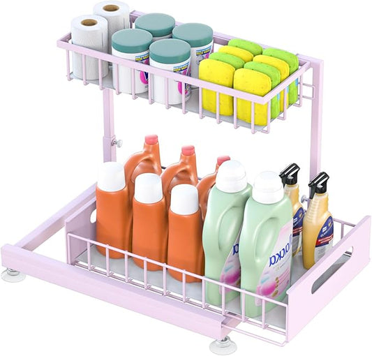 Under Sink Organizer Storage 2-Tier Premium Metal Pull-Out Racks, Height Adjustable, Heavy Dut and Easy Installation for Kitchen & Bathroom Organizers 1 Pack Pink