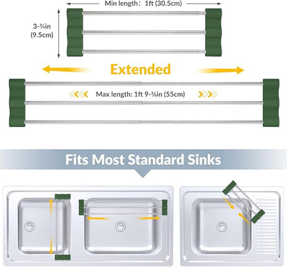 Tomorotec Adjustable Over-The-Sink Kitchen Rack for Dishcloths, Sponges, and Brushes - Heat-Resistant Stainless Steel with Slim, Expandable Design and Multifunctional Silicone Holder (Army Green)