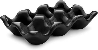 Flexzion Ceramic Egg Holder for Fridge - 6 Cups Egg Tray Half Dozen Porcelain Container Keeper Storage Organizer Decorative Serving Dish Serveware for Refrigerator Countertop Display Kitchen (Black)