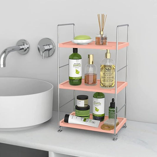 kaileyouxiangongsi Cosmetic Storage Rack for Bathroom Countertop, 3-Tier Standing Shelf for Kitchen Organizer, Stackage Perfume and Bath Collection Organizer Tray (Pink&Silver)