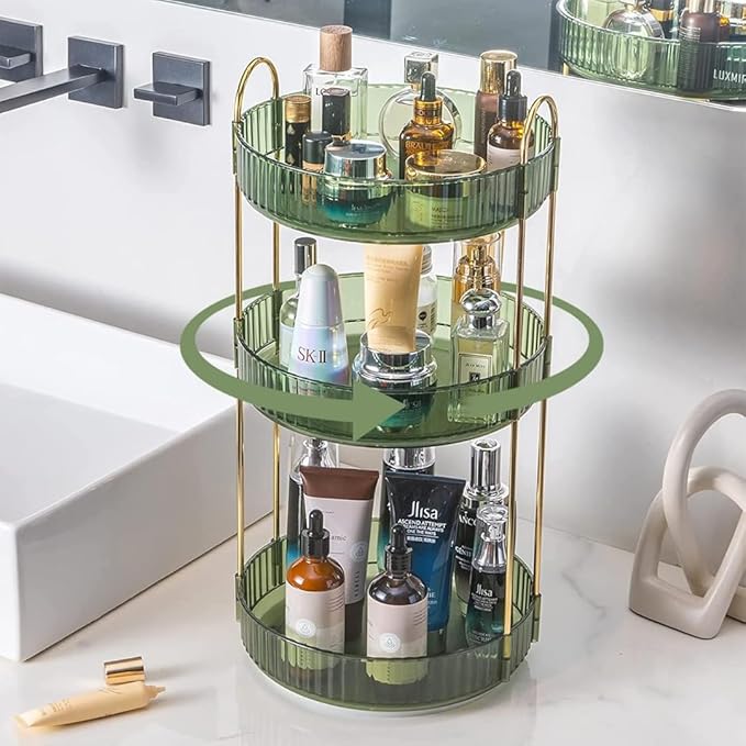 Satpurush 360° Rotating Makeup Organizer, 3 Tier Spinning Cosmetic Organizer for Vanity & Bathroom Countertop, Holds Tall Skincare Bottles, Perfume & Beauty Accessories – Clear Green