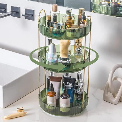 Satpurush 360° Rotating Makeup Organizer, 3 Tier Spinning Cosmetic Organizer for Vanity & Bathroom Countertop, Holds Tall Skincare Bottles, Perfume & Beauty Accessories – Clear Green
