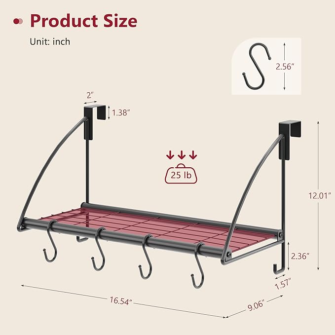 Tajsoon Over The Door Hanger with Storage Rack and 6 Hooks, Over The Door Clothes Racks for Hanging Coat, Door Rack Hanger for Bathroom, Bedroom, Living Room, Black