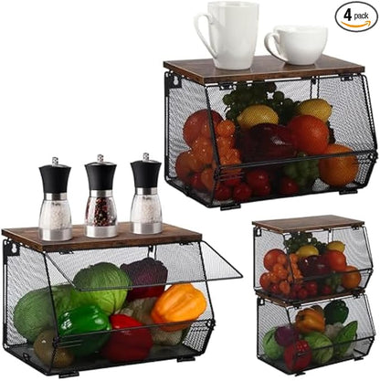 Joyibay 4 Pcs Stackable Fruit Baskets, Metal Mesh Wall Storage Baskets with Wooden Lids, Folding Wire Organizers for Kitchen Counter, Hanging Storage Containers for Snacks, Vegetables