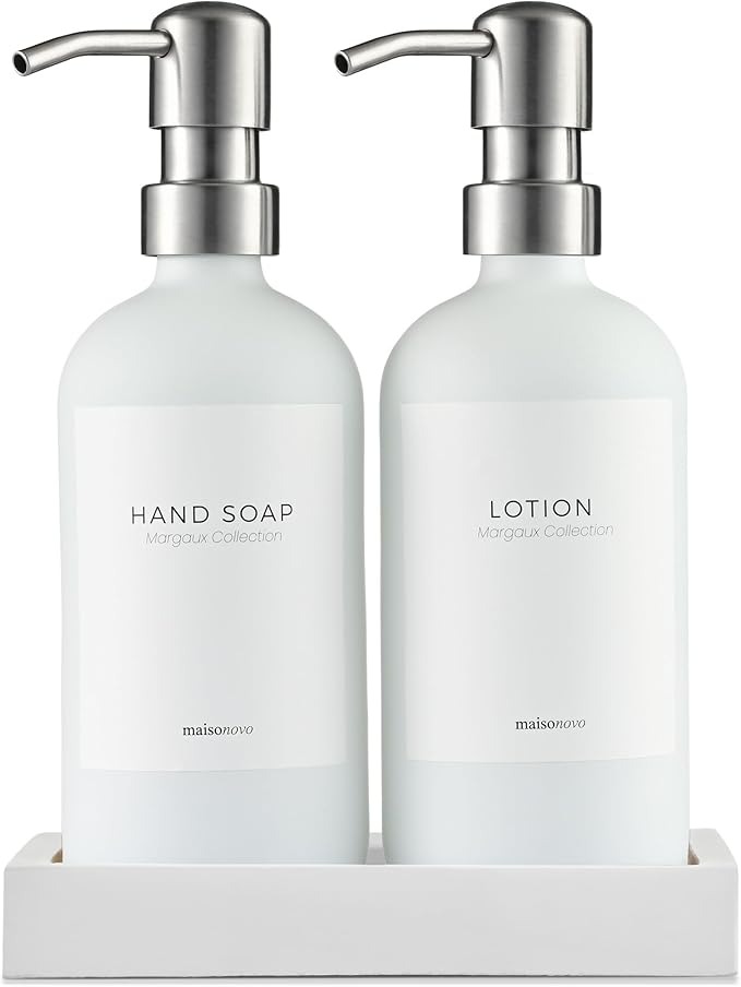 MaisoNovo Soap Dispenser 3-Piece Set | 16.9oz White Bottles with Silver Stainless Steel Pump Core