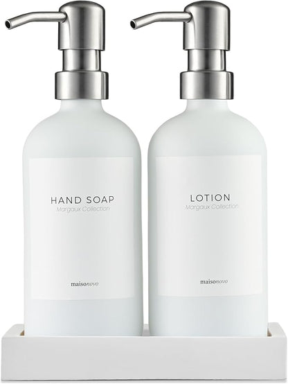 MaisoNovo Soap Dispenser 3-Piece Set | 16.9oz White Bottles with Silver Stainless Steel Pump Core