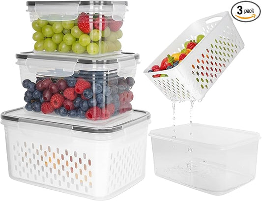 Dukrouk Grape Container for Fridge,3PCS(0.9Qt - 13.5Qt),Leakproof Grape Container with Removable Colander,Dishwasher & microwave safe Produce Containers,Keep Fruits, Vegetables, Meat Fresh Longer