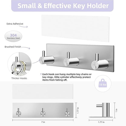 VIS'V Key Holder Wall Mount, Small Metal Self Adhesive Key Hanger with 3 Hooks, No Drilling, Extra Adhesive Strip, Silver