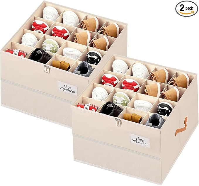 Chewlish Shoe Organizer for Closet, Foldable Shoe Storage Organizer Containers with Clear Cover, Space Saving Shoes Holder with Handles, Beige (2, L)