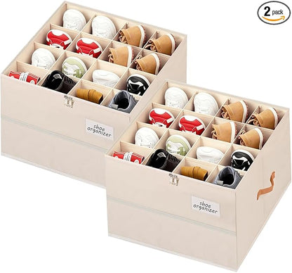 Chewlish Shoe Organizer for Closet, Foldable Shoe Storage Organizer Containers with Clear Cover, Space Saving Shoes Holder with Handles, Beige (2, L)