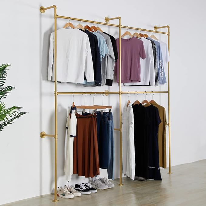 Industrial Pipe Clothes Rack Metal Clothing Store Display Stands Wall Mounted Garment Rack, Heavy Duty Hanging Rod for Closet Storage, 89.8in Gold