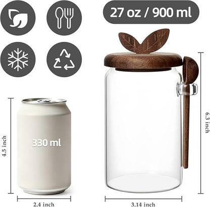 Koythin Food Storage Containers with Wooden Lids and Scoops, Glass Jars with Airtight Lids, Bath Salt Container with Scoop, Kitchen Canisters for Coffee, Tea, Sugar, Spice (Smooth, 27 oz)