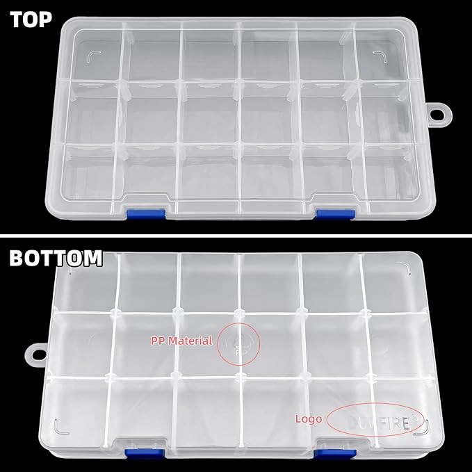 DUOFIRE Plastic Organizer Container Storage Box Adjustable Divider Removable Grid Compartment for Jewelry Beads Earring Tool Fishing Hook Small Accessories(18 grids, White X 4)