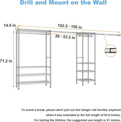 Ulif E11 Heavy-Duty Garment Rack, Metal Freestanding Clothes Rack and Closet Storage Organizer System with 8 Shelves and 4 Hanger Rods, (73.2-97.6)" W x 14.5" D x 71.2" H, Load 1034 LBS, Chrome
