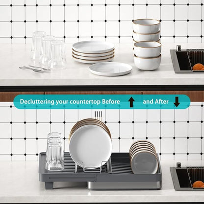 YOJIA Stainless Steel Dish Drying Rack, Extendable Dish Drainer Rack, Drainboard, Detachable Cup Shelf, Rustproof Multifunctional Organizer for Kitchen Counter, Cup Holders, Utensil Holder (14-Grey)