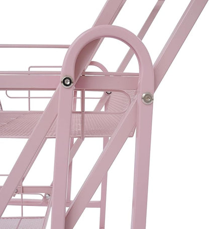 3 Tier Adjustable Storage Carts, Movable Utility Cart, Metal Rolling Cart, Multi-Functional Storage Trolley w/Wheels, Storage Shelves for Kitchen/Bathroom/Bedroom/Office (Pink)