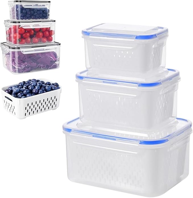 Organizeh Household Transparent Plastic Food Storage Box-Including Drain Basket, Portable Breathable Multifunctional Basin, Fruit Storage Containers for Fridge with Removable Colander (Blue)