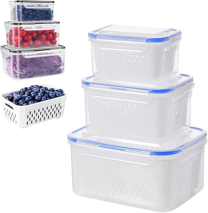 Organizeh Household Transparent Plastic Food Storage Box-Including Drain Basket, Portable Breathable Multifunctional Basin, Fruit Storage Containers for Fridge with Removable Colander (Blue)
