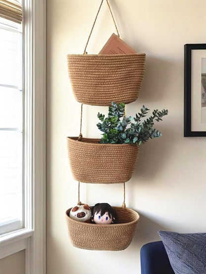 Over The Door Hanging Basket, 3 Tier Cotton Rope Woven Wall Basket, Magazine Racks Hanging Organizer, Decorative Hanging Storage Baskets for Organizing Living Room, Bathroom and Bedroom (Brown)