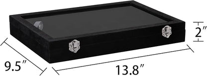 Frebeauty Velvet Jewelry Tray,35 Grid Jewelry Organizer with Clear Lid,Earring Holder Organizer Case with Clasp,Drawer Insert for Rings Studs,13.8 x 9.5 x 2 Inches,Gift for Women Girls(Black)
