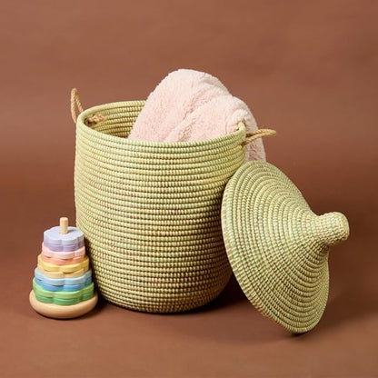 Small Storage Basket, Organizing, Storage, Wicker, Woven, With Lid, Handles, 12" Wide, 14" Tall (Beige)