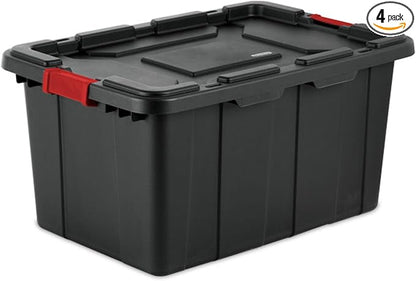 Sterilite 4-Pack Industrial Tote, Plastic Storage Bins with Lids, 27 Gallon, Black - Heavy-Duty Organizing Containers for Closet, Bathroom, and Office