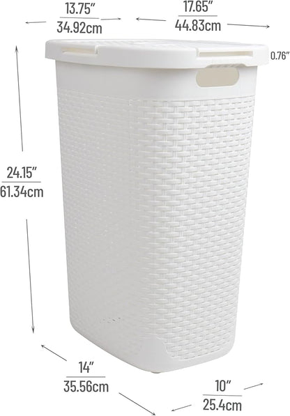 Mind Reader Slim Laundry Hamper with Lid, 60L Clothes Baskets, Premium Wicker Design, Plastic, 2-Pack, White