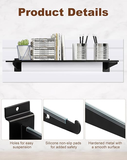 MUZIK 36pcs 12 Inch Slatwall Shelf, Heavy Duty Slat Wall Shelf Brackets with Lip Floating Slatwall Accessories for Garage Slat Panels Shelving Display (Black)