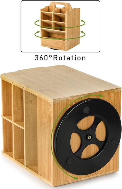 SOUJOY Bamboo Pen Holder Organizer, 360°Rotating Art Supply Storage Caddy, Hold 400+ Pencils, 15 compartments Office Desk Stand Box with Handle for Marker Pens, Colored Pencil, Art Brushes
