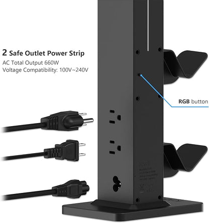KAFRI RGB Gaming Headphone Stand with 8 Light Modes, Controller Holder for Desk - with Retractable Charger Cable - 2 Outlet Power & 4 Type-C Charging Port for PC Gamer Accessories(Black)