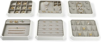 Premium PU Leather Stackable Jewelry Ring Display Tray Ring Earring Display Holder Organizer Showcase(Grey)