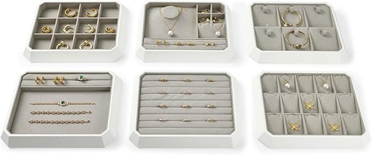 Premium PU Leather Stackable Jewelry Ring Display Tray Ring Earring Display Holder Organizer Showcase(Grey)