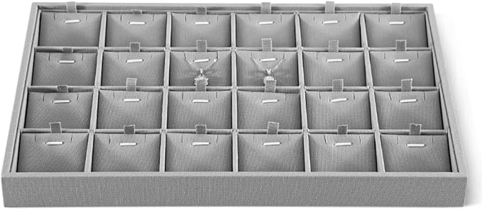 Dansmiy Linen Stackable Necklace Storage Tray, 24 Grid Pendant Display Tray, Jewellery Shop Counter Showcase Table Top Organizers, Makeup Table Drawer Insert Jewelry Tray