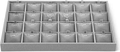 Dansmiy Linen Stackable Necklace Storage Tray, 24 Grid Pendant Display Tray, Jewellery Shop Counter Showcase Table Top Organizers, Makeup Table Drawer Insert Jewelry Tray