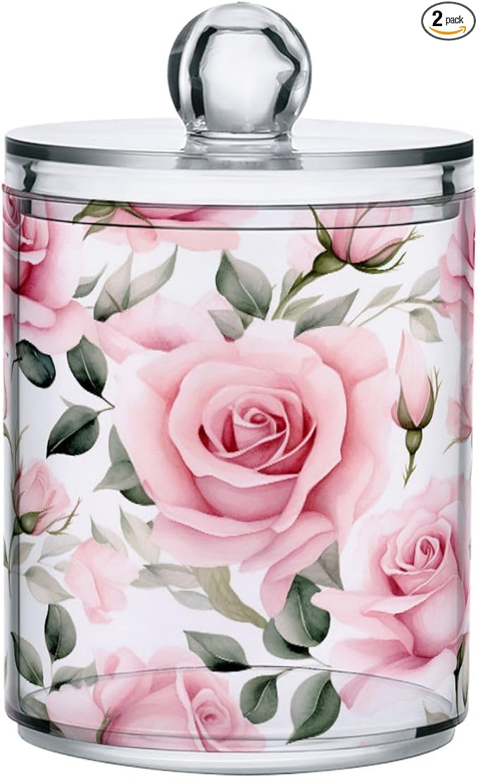 MNSRUU 2 Pack Qtip Holder Organizer Dispenser Pink Roses Pink Bathroom Storage Canister Cotton Ball Holder Bathroom Containers for Cotton Swabs/Pads/Floss