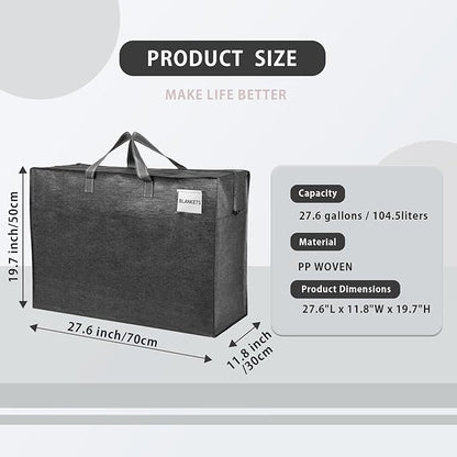 VENO 4 Pack Moving Bags, Christmas Storage Containers, Storage Totes, Zipper On Top, Sturdy, Storage Bags for Camping, Clothes, Bedding, Comforters, Pillows (27 Gallon Dark Gray, 4 Pack)