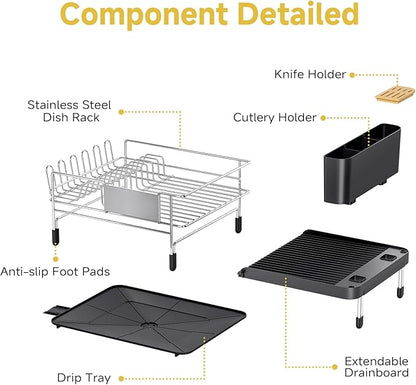 Urackify Large Dish Drying Rack - 304 Stainless Steel Dish Rack for Kitchen Counter, Extendable Dish Drainers with Cutlery & Cup Holders, Black