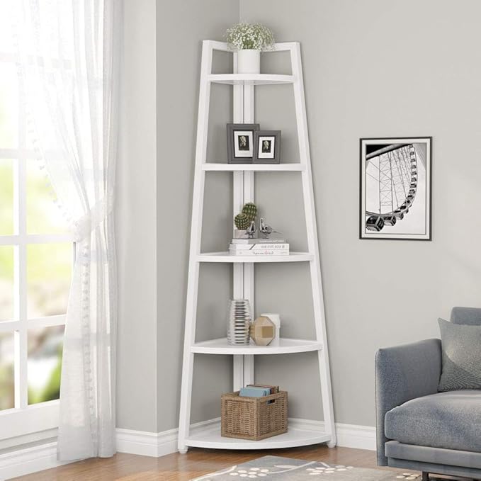 Tribesigns 70 inch Tall Corner Shelf, 5 Tier Modern Corner Bookshelf Bookcase Industrial Corner Ladder Shelf Plant Stand for Living Room, Kitchen, Home Office (White)