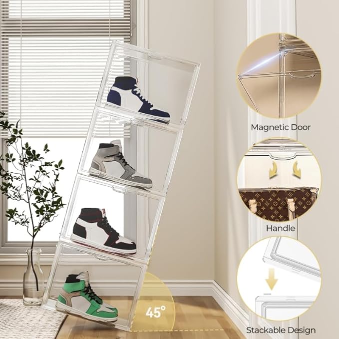 IYINIYI 15.75''x11.81''x9.84'' XX-Large Clear Shoe Storage Boxes with Divider, Stackable Plastic Boot Boxes with Magnetic Door, Acrylic display case Box with Lids for Sneaker Purses Handbags Books (3)