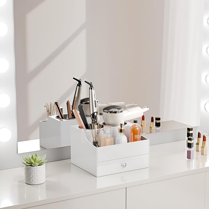 Messmenos Hair Tool Organizer, Acrylic Hair Blow Dryer Holder Stand with Drawer for Straightener and Curling Storage, Bathroom Vanity Countertop Organization for Makeup Accessories - White