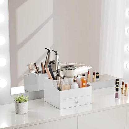 Messmenos Hair Tool Organizer, Acrylic Hair Blow Dryer Holder Stand with Drawer for Straightener and Curling Storage, Bathroom Vanity Countertop Organization for Makeup Accessories - White