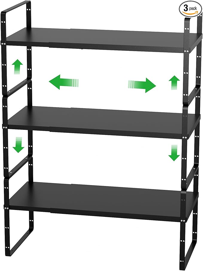 WEJIPP Cabinet Organizer Shelves,Expandable Cabinet Spice Racks,Stackable Pantry Counter Under Sink Shelves, Storage Shelves for Kitchen,Home,Office,3 Packs,10.24" D,Black