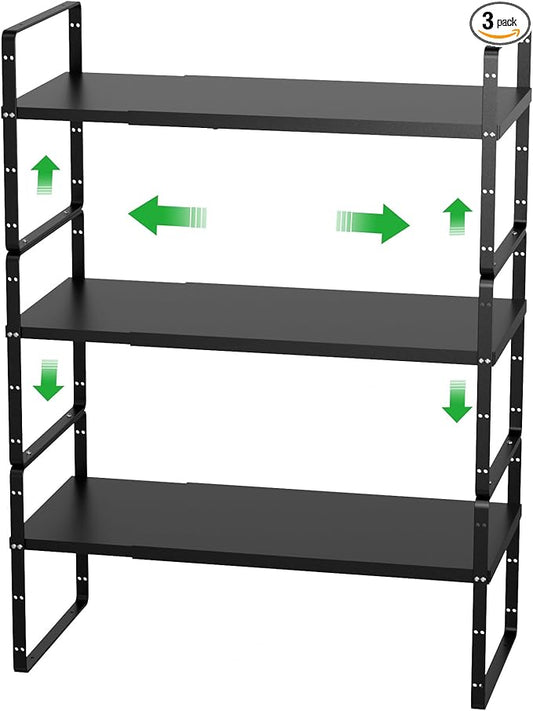WEJIPP Cabinet Organizer Shelves,Expandable Cabinet Spice Racks,Stackable Pantry Counter Under Sink Shelves, Storage Shelves for Kitchen,Home,Office,3 Packs,10.24" D,Black