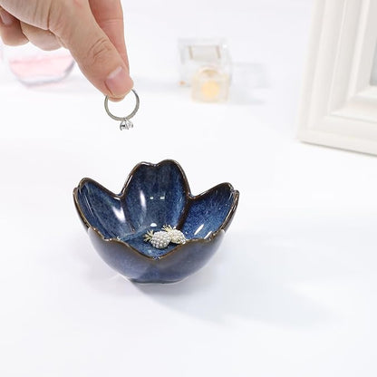 YZMICSTAR Flower Ring Dish Holder,Jewelry Dish Tray,Small Trinket Tray,Jewelry Plate Bowl,Key Bowl,Decorative Plate,Birtdhay Christmas Gifts for Women Friends,Ceramic Kiln effect Blue