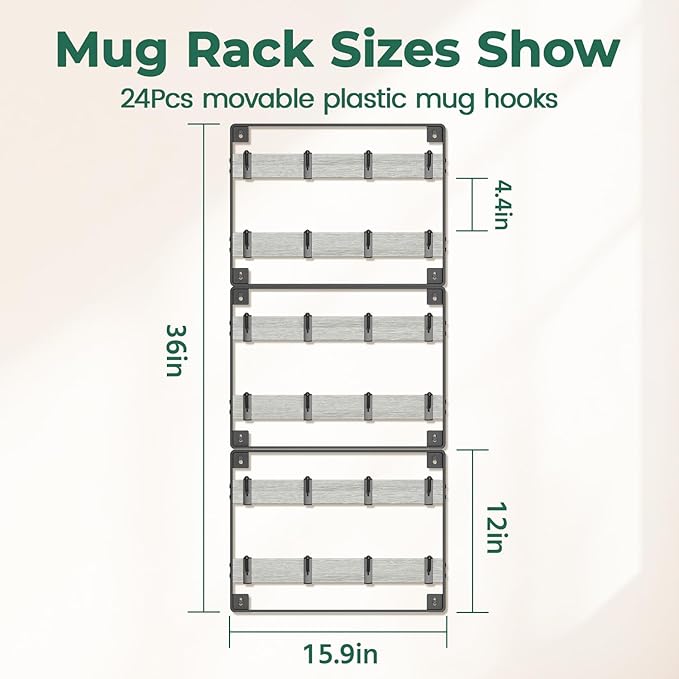 EsLuker.ly Mug Holder Hanger Rack Wall Mounted Wooden 3 Pack Coffee Cup Storage Organizer Display Shelf with 24 Removable Plastic Hooks, Ideal for Mug Collectors, Light Grey-Black