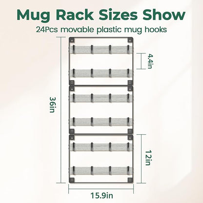 EsLuker.ly Mug Holder Hanger Rack Wall Mounted Wooden 3 Pack Coffee Cup Storage Organizer Display Shelf with 24 Removable Plastic Hooks, Ideal for Mug Collectors, Light Grey-Black