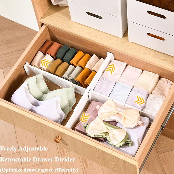 Adjustable Drawer Organizer Set, 6-Pack, 10.8"-17.9" Expandable, 3.1" High, Plastic Storage Dividers for Closets, Kitchen, Bedroom, Bathroom