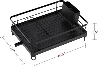 Sakugi Stainless Steel Dish Drying Rack for Kitchen Counter, Sink Organization and Storage Essentials with Silverware & Utensil Holder, Home and Apartment Decor, 12.5''W x 16.5'L, Black